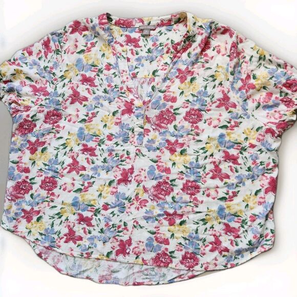 Falls Creek Tops - Falls Creek Linen Blend Floral Shirt Short Ruffle Sleeves V Neck Plus Sz 3X EUC